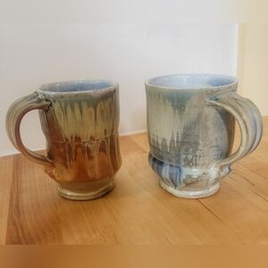 Handmade Glazed Pottery Set Of 2 Mugs Signed By Artist